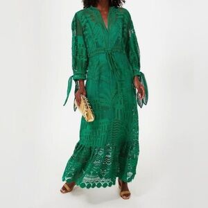 NWT House of Harlow 1960 Crochet Embroidered Lace Maxi Green Dress, MEDIUM